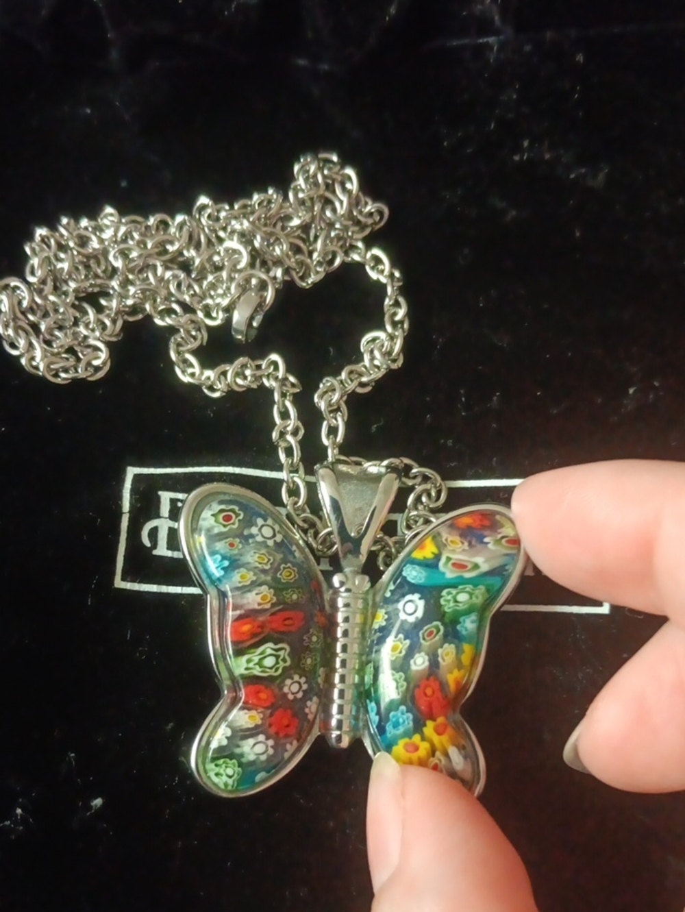 Multi Color Murano Style Butterfly Necklace in Stainless Steel 24 Inches